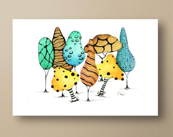 Teal Mushroom Watercolor Art Print: Abstract Trees