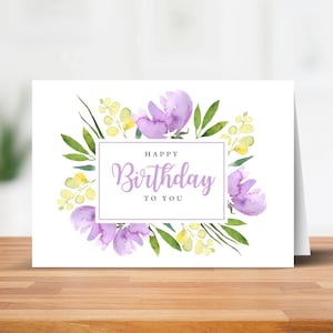 Tarjeta de feliz cumpleaños con flores - Tarjeta de cumpleaños digital con flores moradas - Tarjeta de cumpleaños imprimible - Descarga instantánea