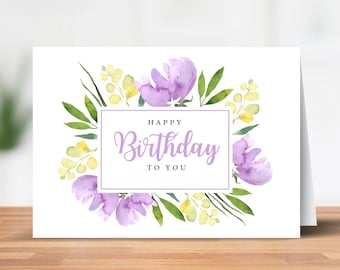 Floral Happy Birthday Card - Purple Flower Digital Birthday Card - Printable Birthday Card - Instant Download