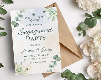 Elegant Engagement Party Invitation, Editable Greenery Engagement Party Invite Template, Digital Invitation