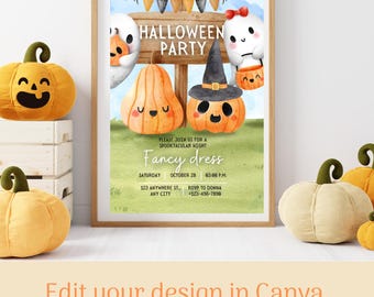 Niedliche Halloween Party einladen Vorlage, bearbeiten und drucken zu Hause, Instant Download, Aquarell Kürbiseinladung