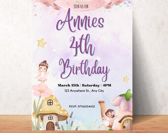 EDITABLE Fairy Birthday Party Invitation, Magical Birthday Digital invitation, Canva template