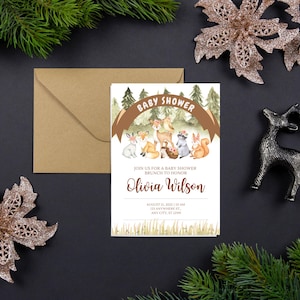 Invitation de fête de naissance animale de couleur brune et verte de Zazzle.be Liste d'envies Créez un Magasin Vous avez des idées ? Thème de la forêt rustique | Carte personnalisable baby shower