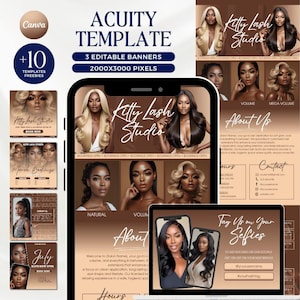 May include: Acuity template with 3 editable banners, 2000x3000 pixels, and 10 free templates. The design features a phone and tablet displaying "Kitty Lash Studio" branding, with images of women with various hairstyles. The color scheme is brown and beige.