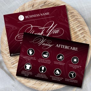 Waxing Aftercare Guide Instructions Thank You Card Editable Canva Template Esthetician Beauty salon Business Forms Elegant Wine Red