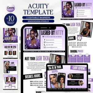 May include: A digital marketing template for a lash artist, featuring a purple and white color scheme. The design includes editable banners, business hours, client reviews, and the text "Lashed by Kitty".