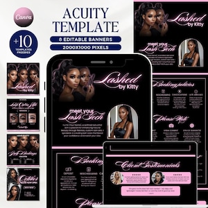Può includere: Modello Acuity con 8 banner modificabili, 2000x1000 pixel e 10 modelli gratuiti. Il design presenta una combinazione di colori nero e rosa con il testo "Lashed by Kitty" e immagini di donne. Il modello include politiche di prenotazione e testimonianze dei clienti.