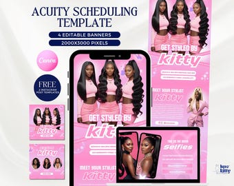 May include: Four pink and white banners with the text "Get Styled By Kitty" and "Meet Your Stylist Kitty". The banners feature images of women with long black hair. The banners are designed for social media and are part of a scheduling template.
