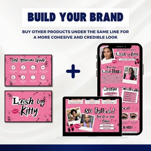 Pu&ograve; includere: Immagine promozionale per un marchio di bellezza, con un telefono, un laptop e due stampe. Il telefono e il laptop mostrano grafiche rosa e bianche con il testo "Lash by Kitty" e "So Fetch!". Le stampe includono una guida post-trattamento. Il testo "Build Your Brand" &egrave; in alto.