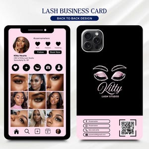 May include: A business card design for Kitty Lash Studio. The front displays a phone screen with a social media profile and lash photos. The back is black with a pink logo and contact details. The text reads "LASH BUSINESS CARD" and "BACK TO BACK DESIGN."