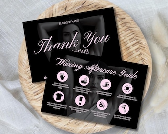 May include: Two black cards with pink text and graphics. The top card says "Thank You" and the business name. The bottom card is a "Waxing Aftercare Guide" with icons and instructions, including avoiding sun exposure and scratching the waxed area.