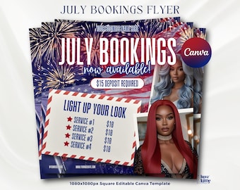 Juli Buchung Flyer 4. Juli Flyer Canva Template HairStylist Braid Lash NailTech Buchung Flyer Bücher Offener Juli Termin Buchen Sie jetzt