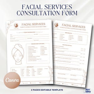Puede incluir: Una plantilla editable de dos páginas para un formulario de consulta de servicios faciales. El formulario incluye secciones para la información del cliente, las principales preocupaciones sobre la piel, la salud de la piel, la salud y el estilo de vida, y la salud de la firma. El formulario está diseñado en un estilo minimalista con un esquema de color dorado y blanco.