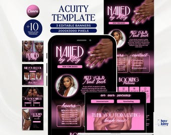 May include: Acuity template with 3 editable banners, 2000x3000 pixels, and 10 free templates. The design features a black and pink theme with the text "Nailed by Kitty, New York Based". Includes nail tech information and booking details.