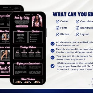 May include: Two black smartphones displaying a hair salon template with a black and pink color scheme. The template includes sections for hours, contact information, booking policies, and client reviews. Text on the screen says "hair by Kitty".