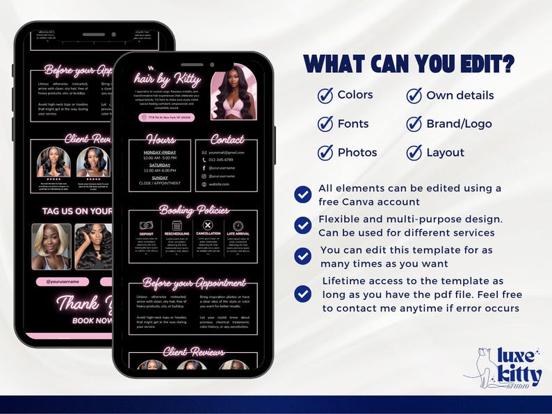 May include: Two black smartphones displaying a hair salon template with a black and pink color scheme. The template includes sections for hours, contact information, booking policies, and client reviews. Text on the screen says "hair by Kitty".