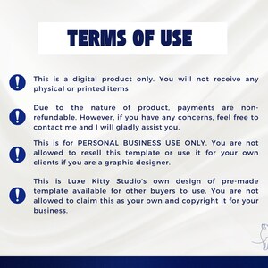 May include: A digital product terms of use document. The text includes statements about digital product limitations, refund policies, and personal business use restrictions. The Luxe Kitty Studio logo is in the bottom right corner.