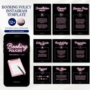 May include: A digital template for Instagram featuring booking policies. The design includes a smartphone with the words "Booking Policies" in neon pink, a notepad, and several black cards with policy details. The template is available in 3 sizes.