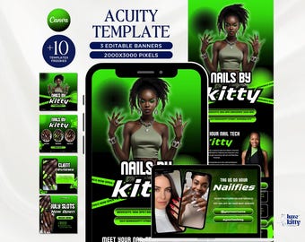 May include: A digital advertisement template for a nail salon, featuring a woman with long nails. The design uses a black and neon green color scheme. The text includes "NAILS BY kitty" and "JULY SLOTS Now Open".