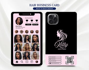 Tarjeta de presentación de peluquero en negro y rosa: código QR de Instagram, plantilla de Canva