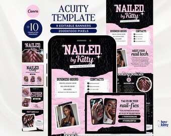 Puede incluir: Plantilla de marketing digital para un salón de uñas, con un esquema de color rosa y negro. El diseño incluye el texto "NAILED by Kitty", horario comercial, información de contacto y perfiles de redes sociales. La plantilla está diseñada para Canva.