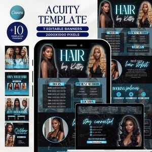 May include: A digital marketing template for a hair stylist, featuring a teal and black color scheme. The design includes promotional banners, a phone mockup, and a laptop displaying business information, including hours, payment methods, and booking policies.