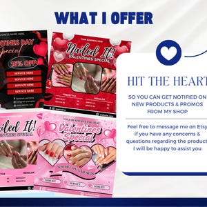 Pu&ograve; includere: Una grafica promozionale con il testo "Cosa offro" presenta offerte speciali di San Valentino per i servizi di unghie. Il design include immagini di mani curate, cuori e la frase "Hit the Heart" con un invito a ricevere notifiche.