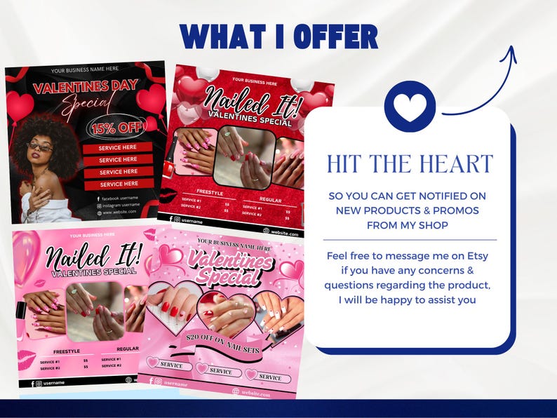 Pu&ograve; includere: Una grafica promozionale con il testo "Cosa offro" presenta offerte speciali di San Valentino per i servizi di unghie. Il design include immagini di mani curate, cuori e la frase "Hit the Heart" con un invito a ricevere notifiche.