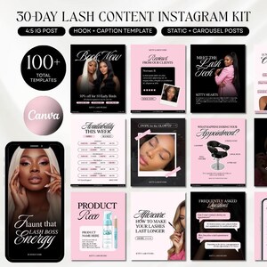 May include: A 30-day lash content Instagram kit featuring over 100 Canva templates for static and carousel posts. The collection includes designs for booking, reviews, services, appointment prep, aftercare, and FAQs in black, white, and pink.