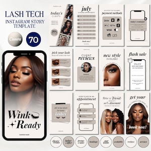Könnte beinhalten: Digitales Instagram Story-Template mit einem Telefon, das das Gesicht einer Frau und den Text "Wink Ready" zeigt. Zusätzliche Panels präsentieren Wimpern-Services, Kundenbewertungen und Buchungsinformationen. Das Design ist in neutralen Tönen gehalten.