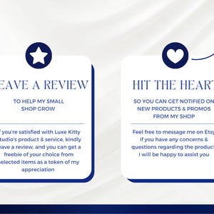 May include: Two white rectangular cards with dark blue borders and text. One card says "LEAVE A REVIEW" and the other says "HIT THE HEART". The cards are on a white background with a blue border at the bottom.