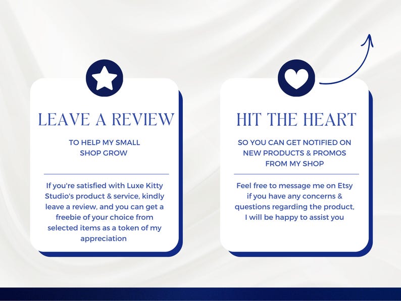 May include: Two white rectangular cards with dark blue borders and text. One card says "LEAVE A REVIEW" and the other says "HIT THE HEART". The cards are on a white background with a blue border at the bottom.