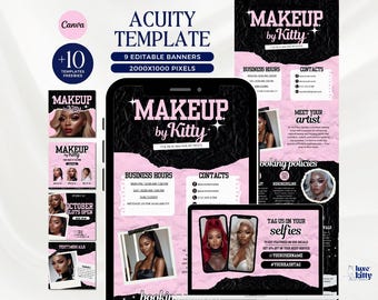 May include: A digital marketing template set for a makeup artist, featuring a pink and black color scheme. The design includes editable banners, business hours, contact information, and a call to action to tag the artist on social media.