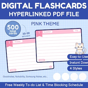 Roze digitale studie Flashcards Index notitiekaarten sjabloon Academische tool Gids voor GoodNotes Samsung Notes iPad Android