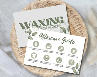 May include: Two white cards with green text and leaf illustrations. The top card reads "WAXING aftercare card." The bottom card is an "Aftercare Guide" with icons and instructions for post-waxing care.