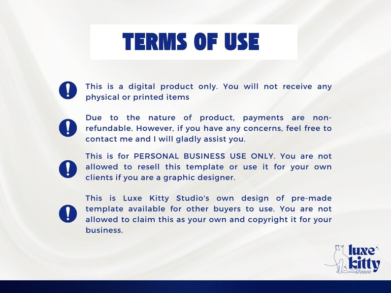 Pu&ograve; includere: Un documento digitale intitolato "TERMINI DI UTILIZZO" in blu, che delinea i termini di utilizzo di un prodotto digitale. Il documento specifica che si tratta solo di un prodotto digitale e per uso commerciale personale. Il logo di Luxe Kitty Studio si trova in basso a destra.