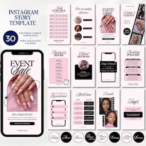 以下が含まれることがあります： ピンクと黒のデザインのInstagramストーリーテンプレートのセット。メイン画像は「Event Sale」グラフィックの電話を示しています。他のテンプレートには、「July Available」、「Business Hours」、「Client Reviews」が含まれています。
