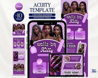 May include: A purple digital template for a nail salon, featuring the text "nails by Kitty." The design includes images of manicured nails, a phone, and a laptop. The template offers editable banners and freebies.