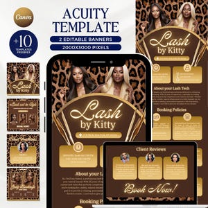 May include: A digital marketing template for a lash extension business, featuring a leopard print design and the text "Lash by Kitty." The template includes editable banners, social media graphics, and client review sections.