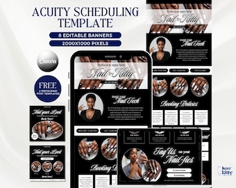 Black Acuity Scheduling Template Nail Tech Website Template Simple Black White Elegant Booking Site Design DIY Website Banner Canva Template