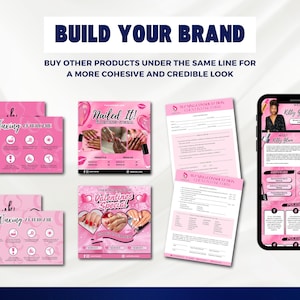 May include: Pink marketing materials for a beauty brand, including business cards, flyers, and a phone displaying a website. The materials feature the text "Waxing", "Nailed It!", and "Valentines Special". The phone screen shows "Kelly Glam Studio".