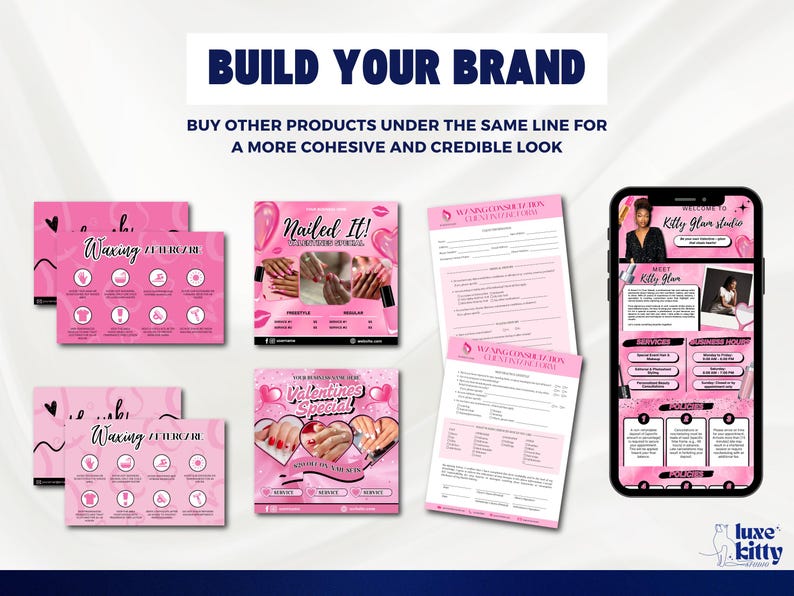 May include: Pink marketing materials for a beauty brand, including business cards, flyers, and a phone displaying a website. The materials feature the text "Waxing", "Nailed It!", and "Valentines Special". The phone screen shows "Kelly Glam Studio".