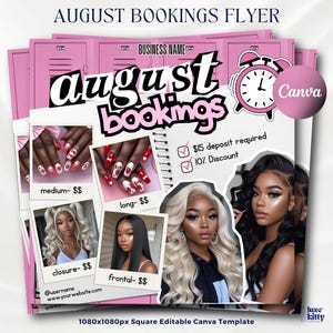 Könnte beinhalten: Rosa Flyer mit dem Text "August Buchungen" und Bildern von Nägeln und Frisuren. Der Flyer enthält den Text "15 $ Anzahlung erforderlich" und "10% Rabatt". Der Flyer ist eine quadratische, editierbare Canva-Vorlage mit 1080 x 1080 Pixeln.