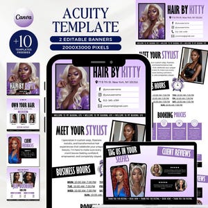 Hair Acuity-planningssjabloon Luxe boekingssitesjabloon Acuity Paars Zwart Wit Websitebanners Hairstylist Boekingsflyer Canva