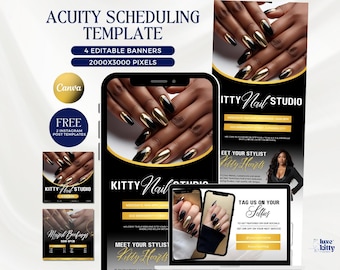 May include: Four editable banners for a nail salon, featuring a black and gold color scheme with images of manicured nails. The banners include the text "Kitty Nail Studio", "Meet Your Stylist Kitty Hearts", "March Bookings Now Open", and "Tag Us On Your Selfies".