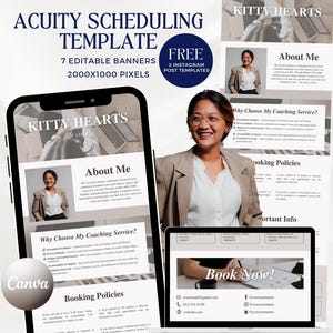 May include: A digital marketing template for scheduling appointments with Acuity Scheduling. The template features a light brown background with a white and black design. The template includes sections for "About Me", "Why Choose My Coaching Service?", "Booking Policies", and "Important Info". The template also includes a "Book Now!" button. The template is designed for use with Canva.