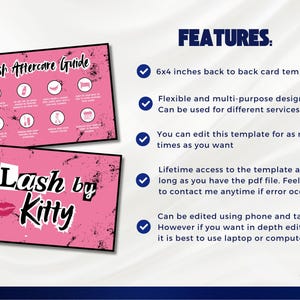 Pu&ograve; includere: Modello di scheda rosa Lash Aftercare Guide e Lash by Kitty. Il modello di 15,24 x 10,16 cm presenta un design flessibile e multiuso. Pu&ograve; essere modificato su telefoni, tablet o computer. Include l'accesso a vita al file PDF.