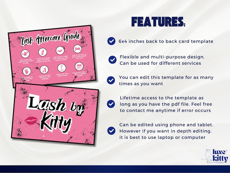 Pu&ograve; includere: Modello di scheda rosa Lash Aftercare Guide e Lash by Kitty. Il modello di 15,24 x 10,16 cm presenta un design flessibile e multiuso. Pu&ograve; essere modificato su telefoni, tablet o computer. Include l'accesso a vita al file PDF.