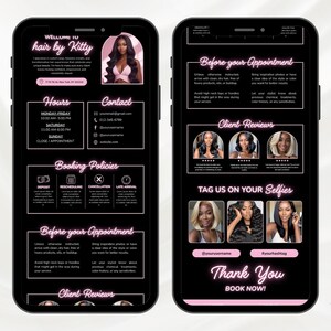 May include: Two black smartphones displaying a hair salon's promotional content. The screens feature pink text on a black background, including salon hours, contact information, booking policies, client reviews, and a call to action to book an appointment.