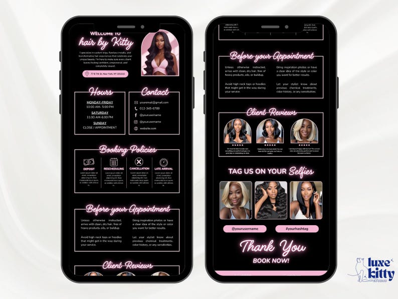 May include: Two black smartphones displaying a hair salon's promotional content. The screens feature pink text on a black background, including salon hours, contact information, booking policies, client reviews, and a call to action to book an appointment.
